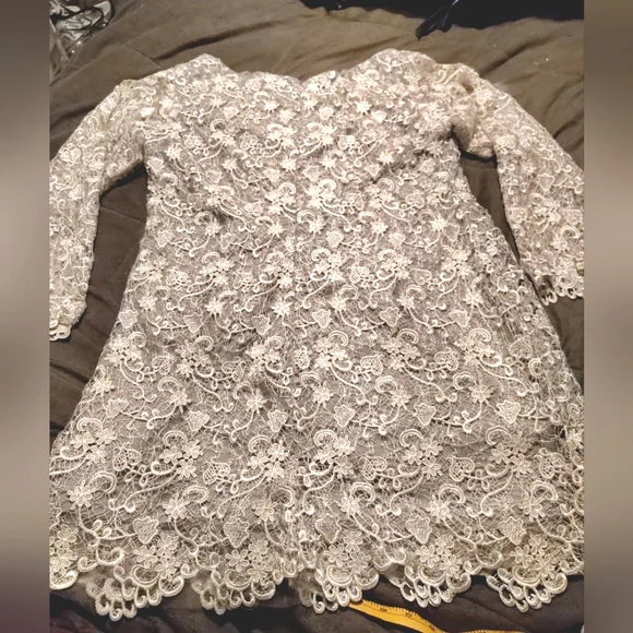 Polo Ralph Lauren Lace Long Sleeve Wedding Dress, Gray,Bell Sleeve,Knee Lngth,16 - Picture 2 of 16